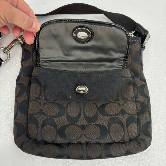 Coach Signature Canvas Small Crossbody Bag Brown Black Zip Top Twist Lock Pocket - Picture 2 of 9